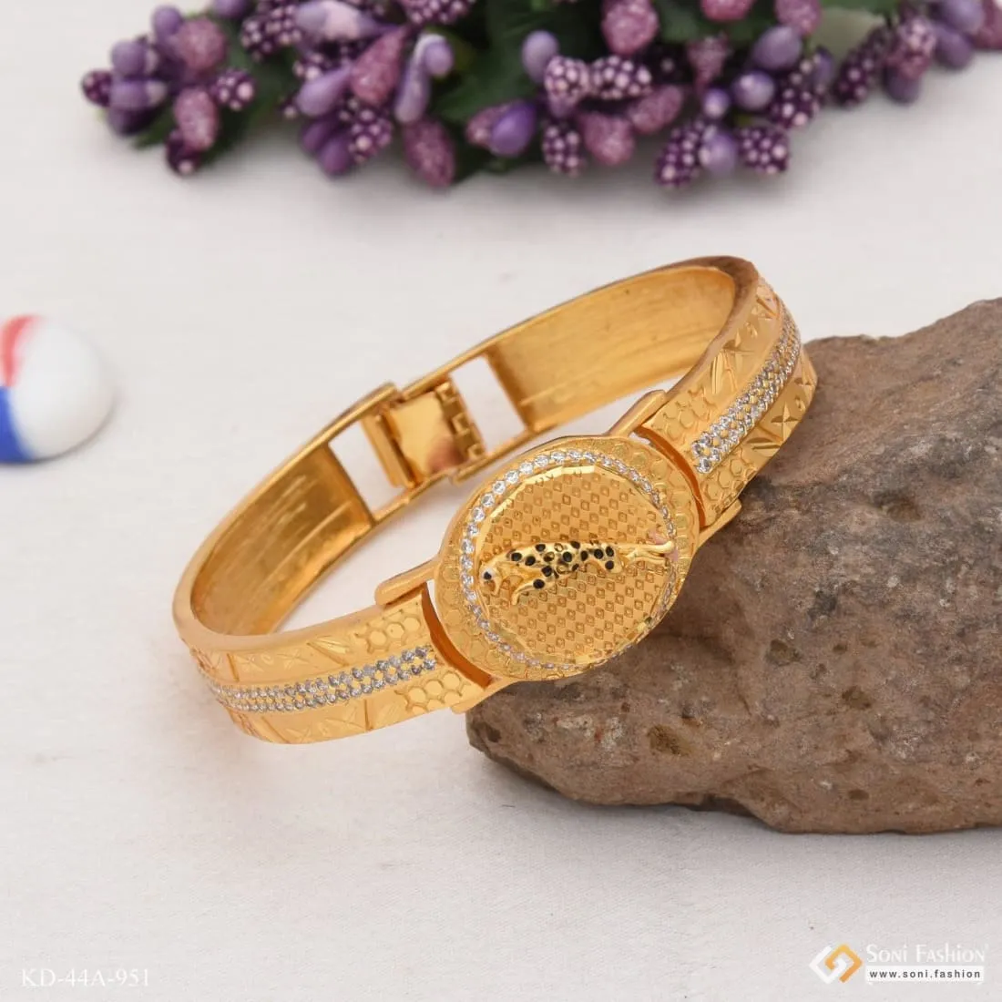 1 Gram Gold Forming Jaguar with Diamond Delicate Design Kada for Men - Style A951
