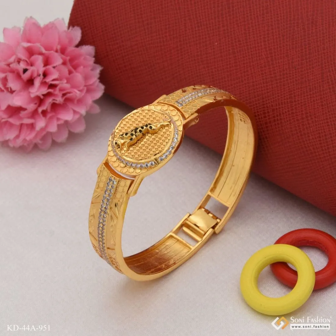 1 Gram Gold Forming Jaguar with Diamond Delicate Design Kada for Men - Style A951