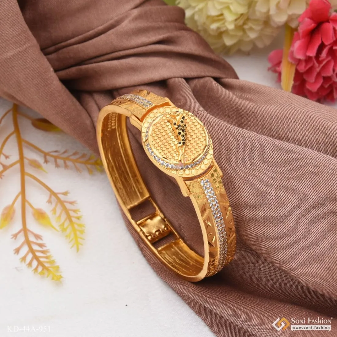 1 Gram Gold Forming Jaguar with Diamond Delicate Design Kada for Men - Style A951