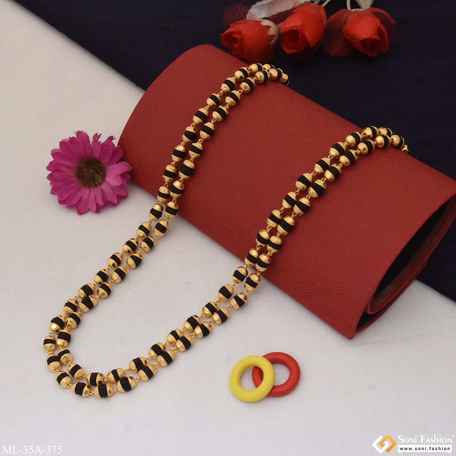 1 Gram Gold Plated 2 Line Delicate Design Rudraksha Mala for Men - Style A375