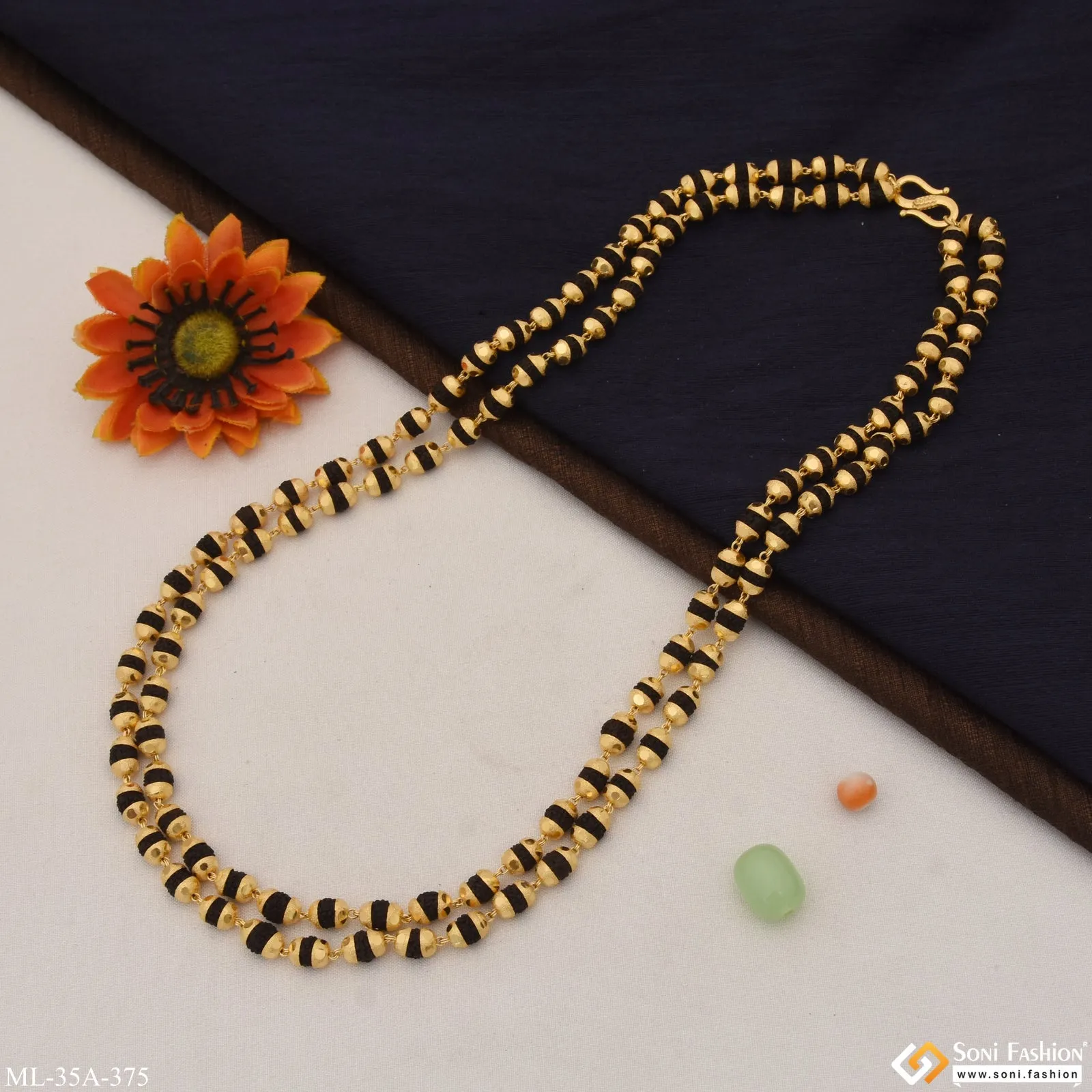 1 Gram Gold Plated 2 Line Delicate Design Rudraksha Mala for Men - Style A375