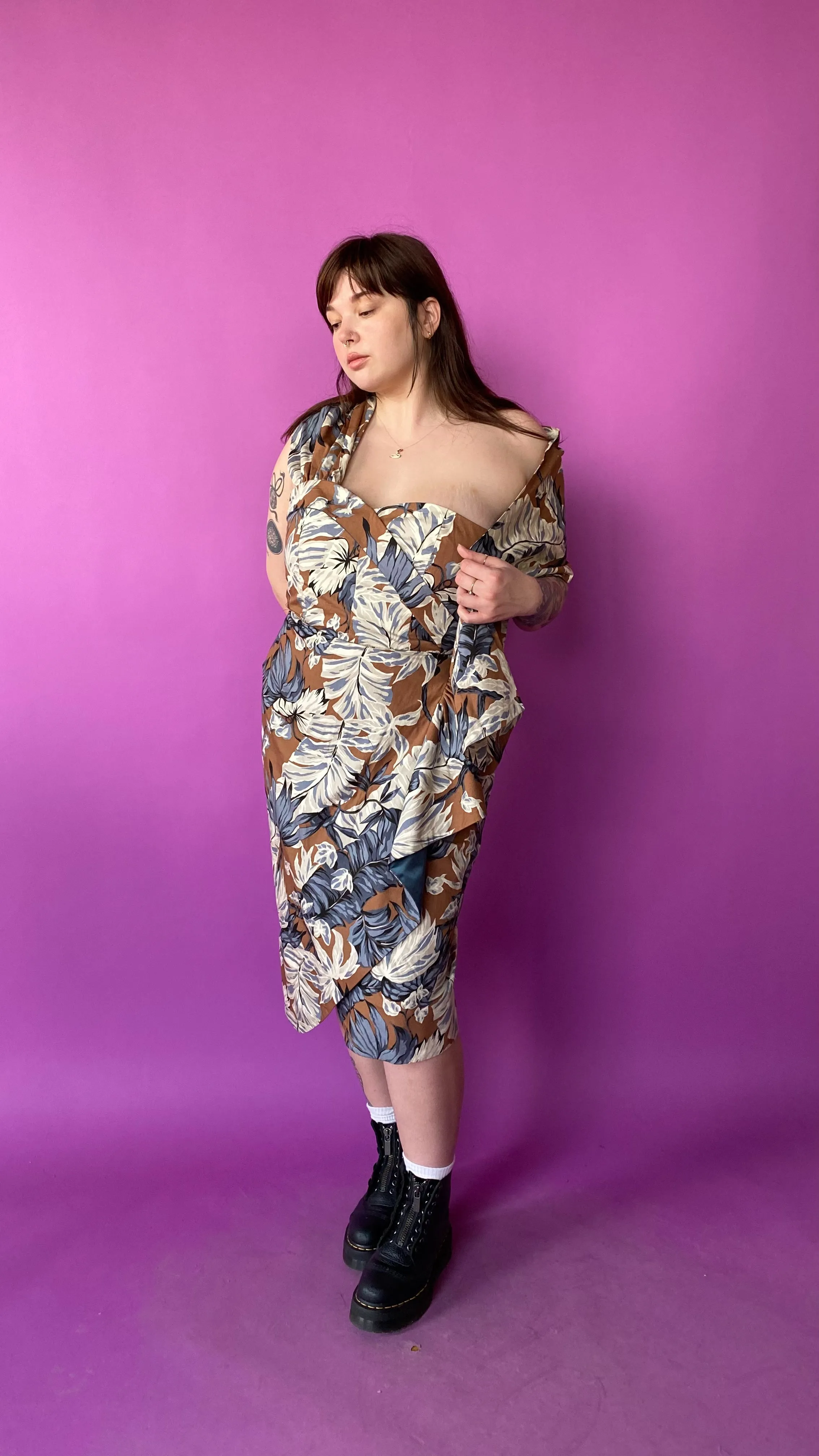 1980s Brown Tropical Dress, sz. L