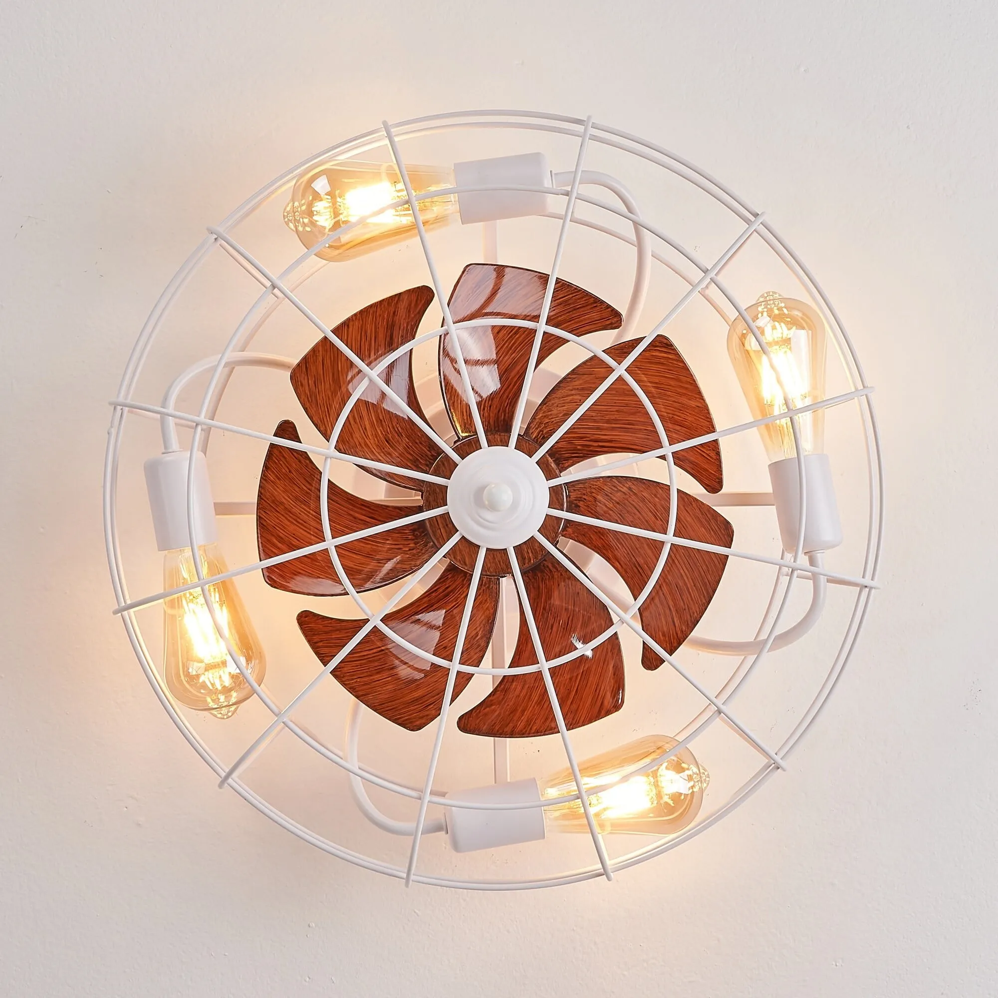 20 in. Modern White Cage Ceiling Fan with Light Indoor Flush Mount Low Profile Bedroom Ceiling Light with Fan and Remote
