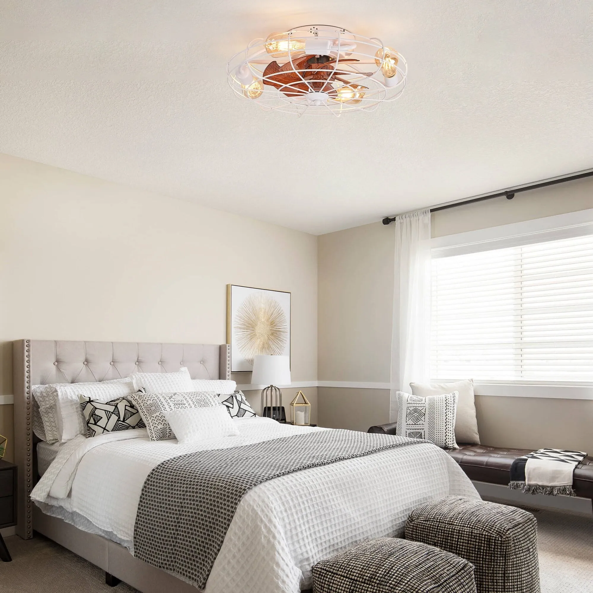20 in. Modern White Cage Ceiling Fan with Light Indoor Flush Mount Low Profile Bedroom Ceiling Light with Fan and Remote