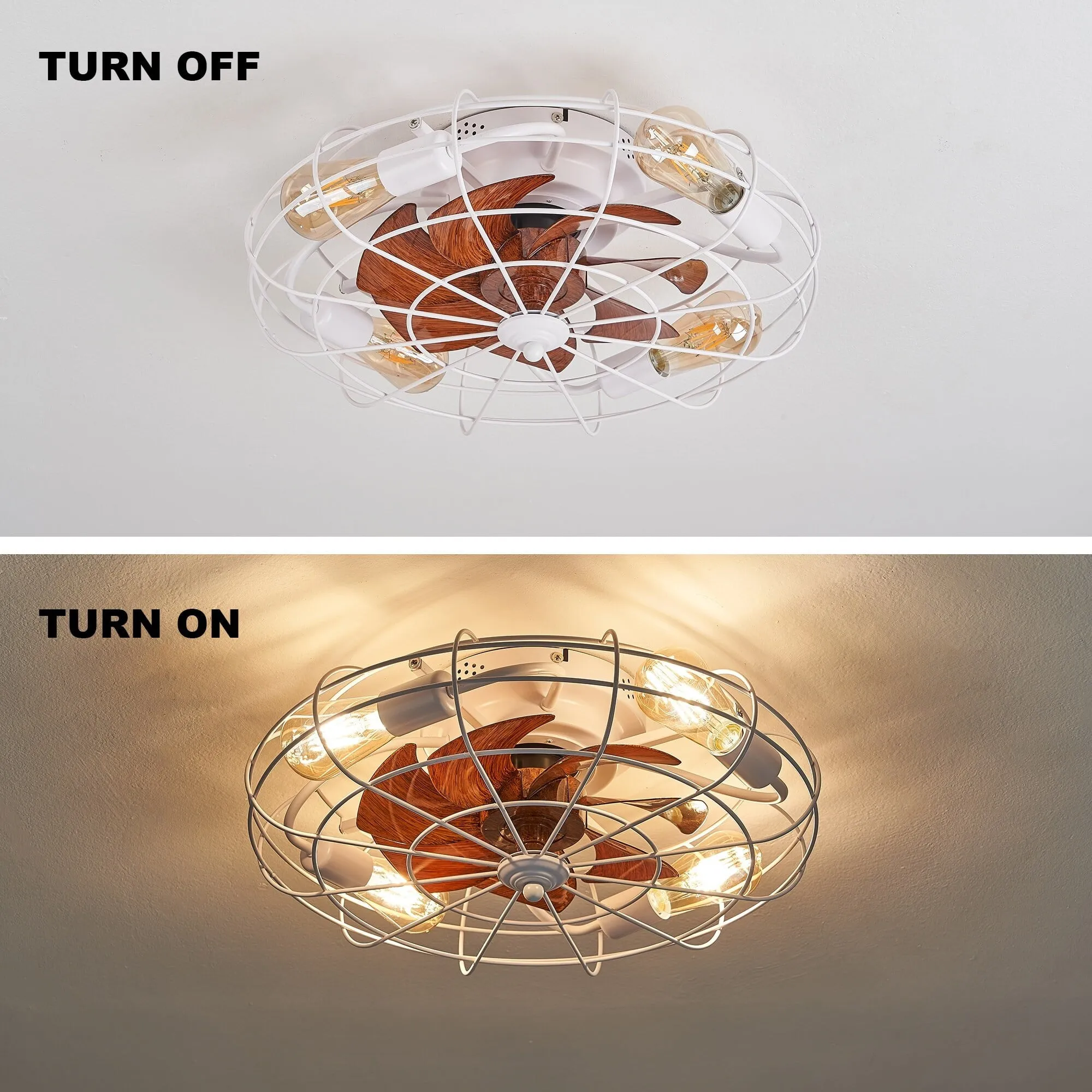 20 in. Modern White Cage Ceiling Fan with Light Indoor Flush Mount Low Profile Bedroom Ceiling Light with Fan and Remote