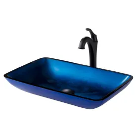 22" Rectangular Blue Glass Bathroom Vessel Sink and Arlo Faucet Combo Set with Pop-Up Drain
