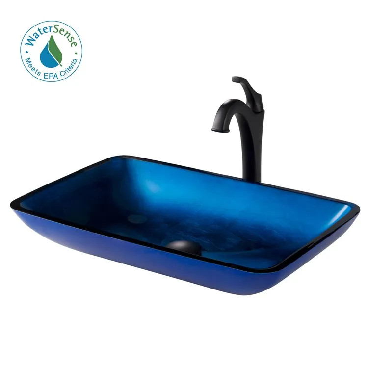 22" Rectangular Blue Glass Bathroom Vessel Sink and Arlo Faucet Combo Set with Pop-Up Drain