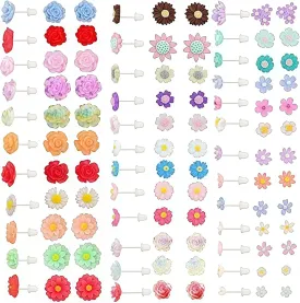 36 Pairs Hypoallergenic Flower Stud Earrings Rose Sunflower Daisy Earrings Posts with Heart Gift Box Sets for Women Sensitive Ears Daily Sport Party, Resin