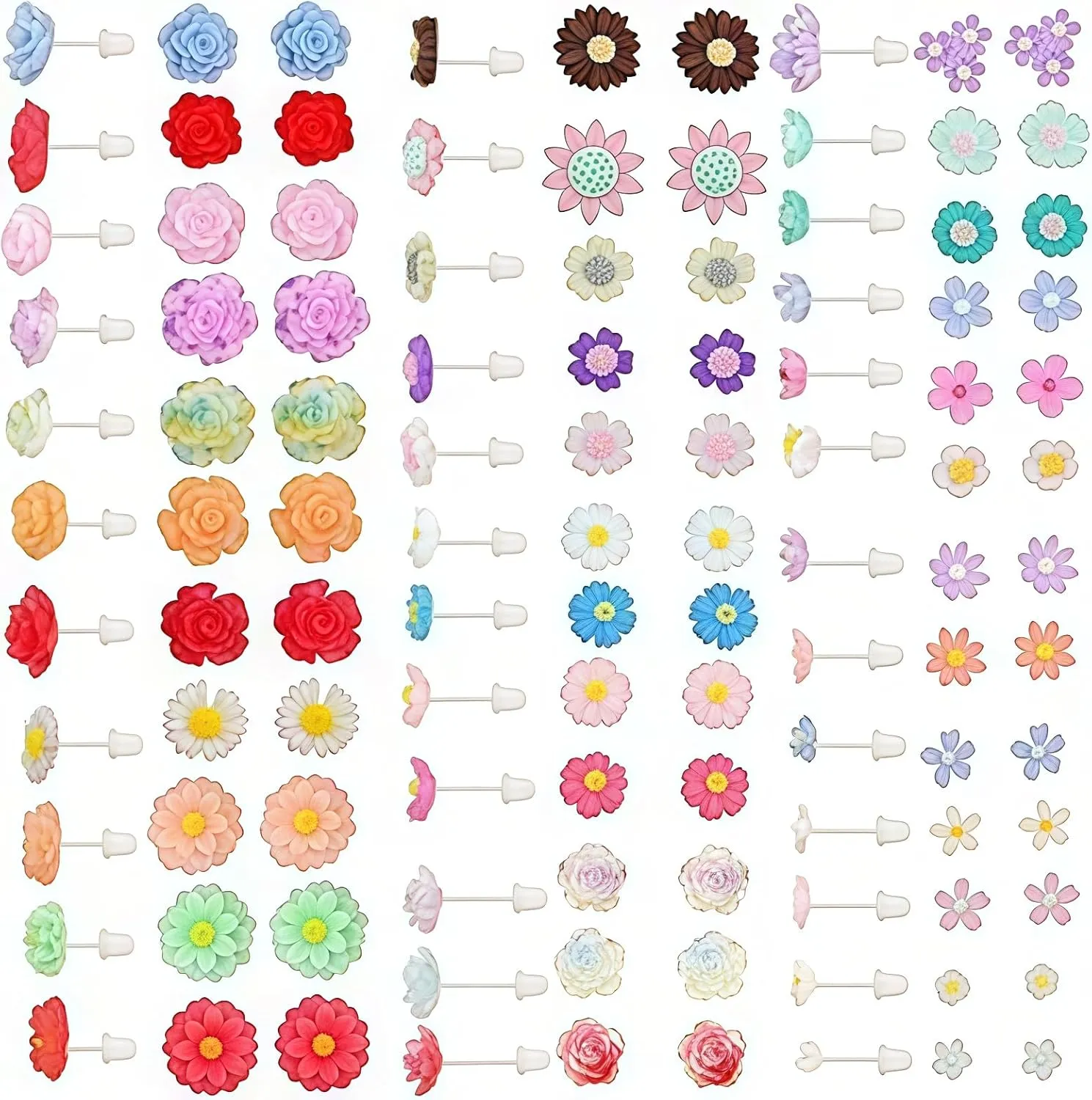 36 Pairs Hypoallergenic Flower Stud Earrings Rose Sunflower Daisy Earrings Posts with Heart Gift Box Sets for Women Sensitive Ears Daily Sport Party, Resin