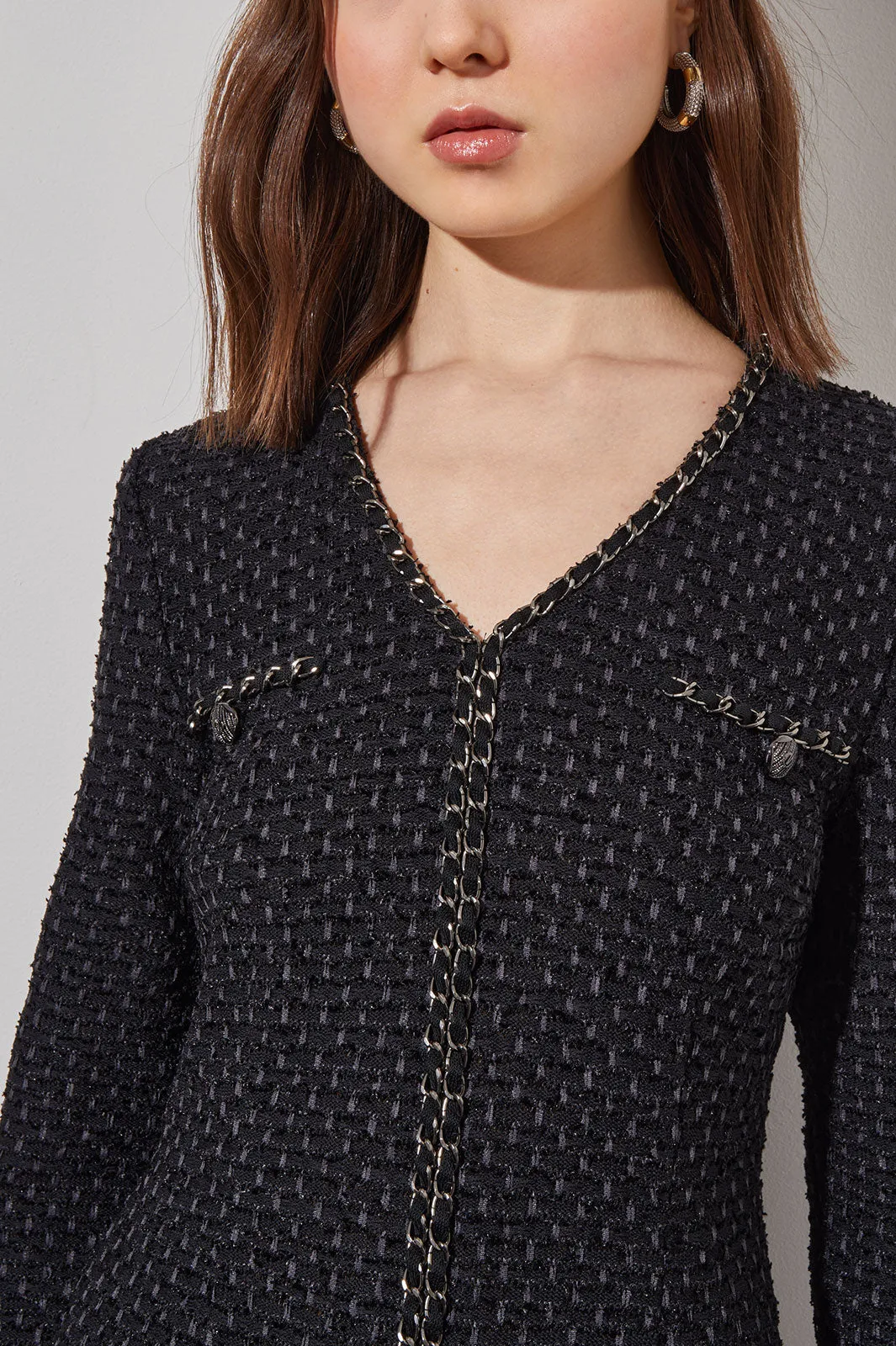 Above the Knee Sheath Dress - Chain Trim Textured Knit