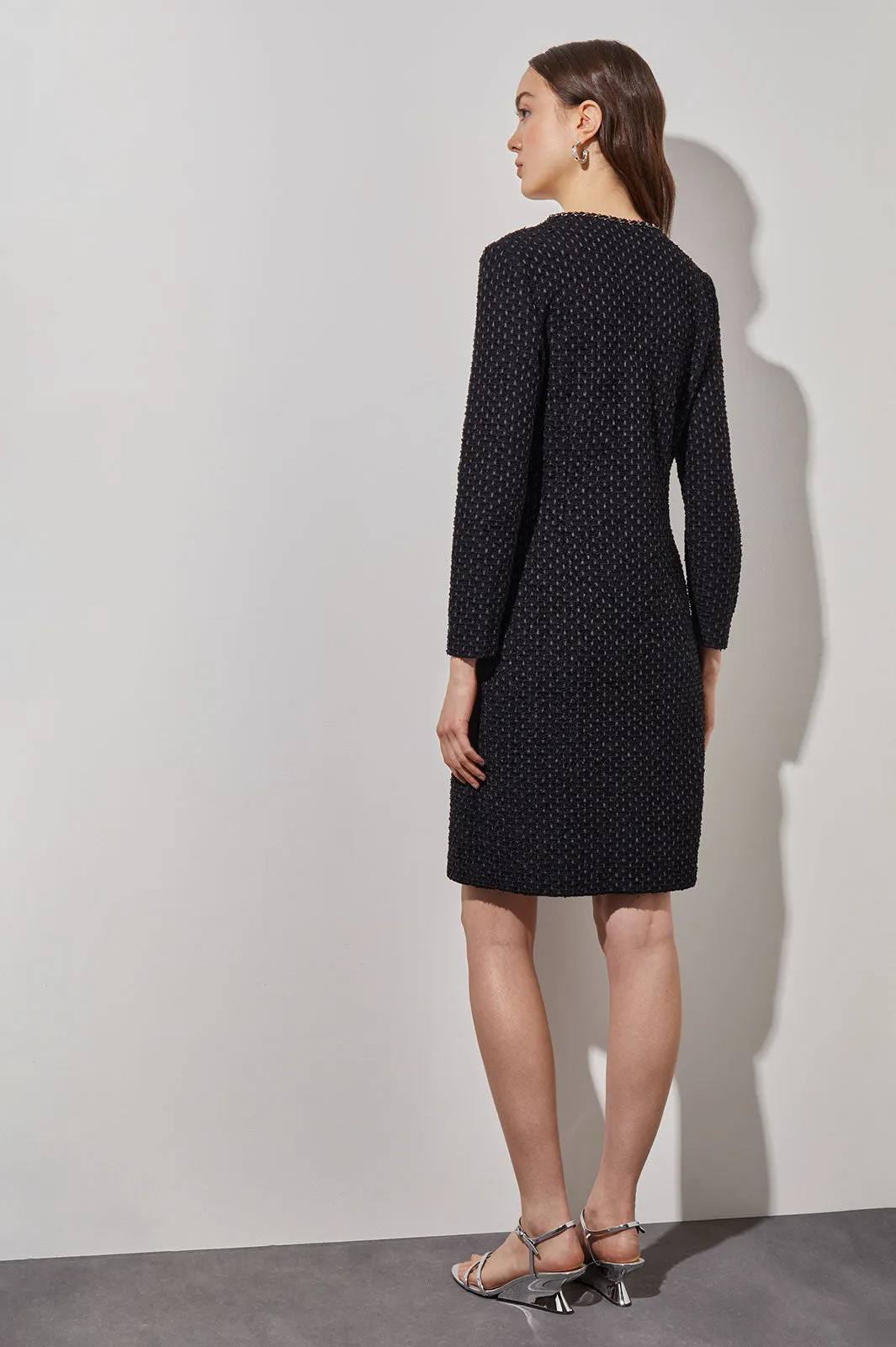 Above the Knee Sheath Dress - Chain Trim Textured Knit