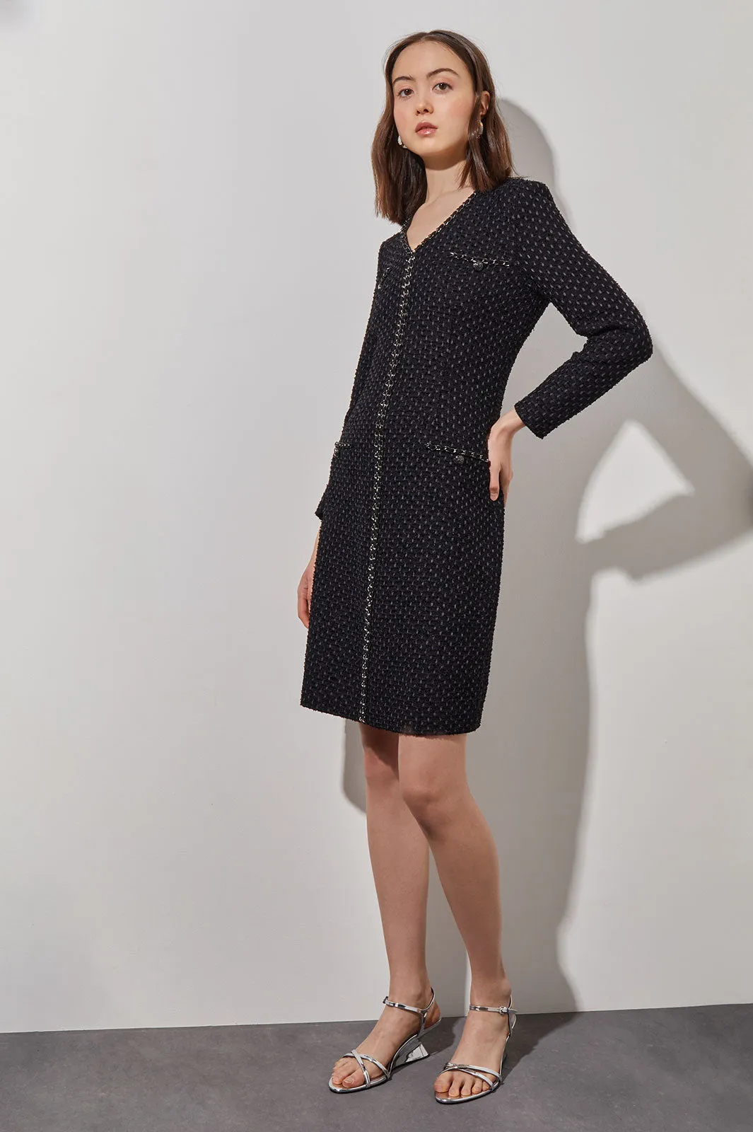 Above the Knee Sheath Dress - Chain Trim Textured Knit