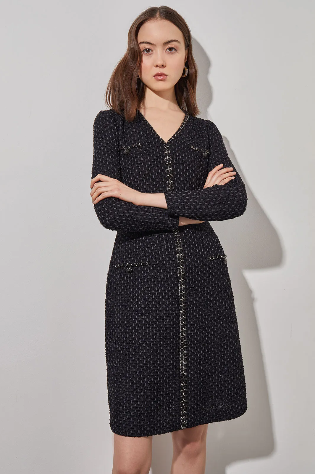 Above the Knee Sheath Dress - Chain Trim Textured Knit