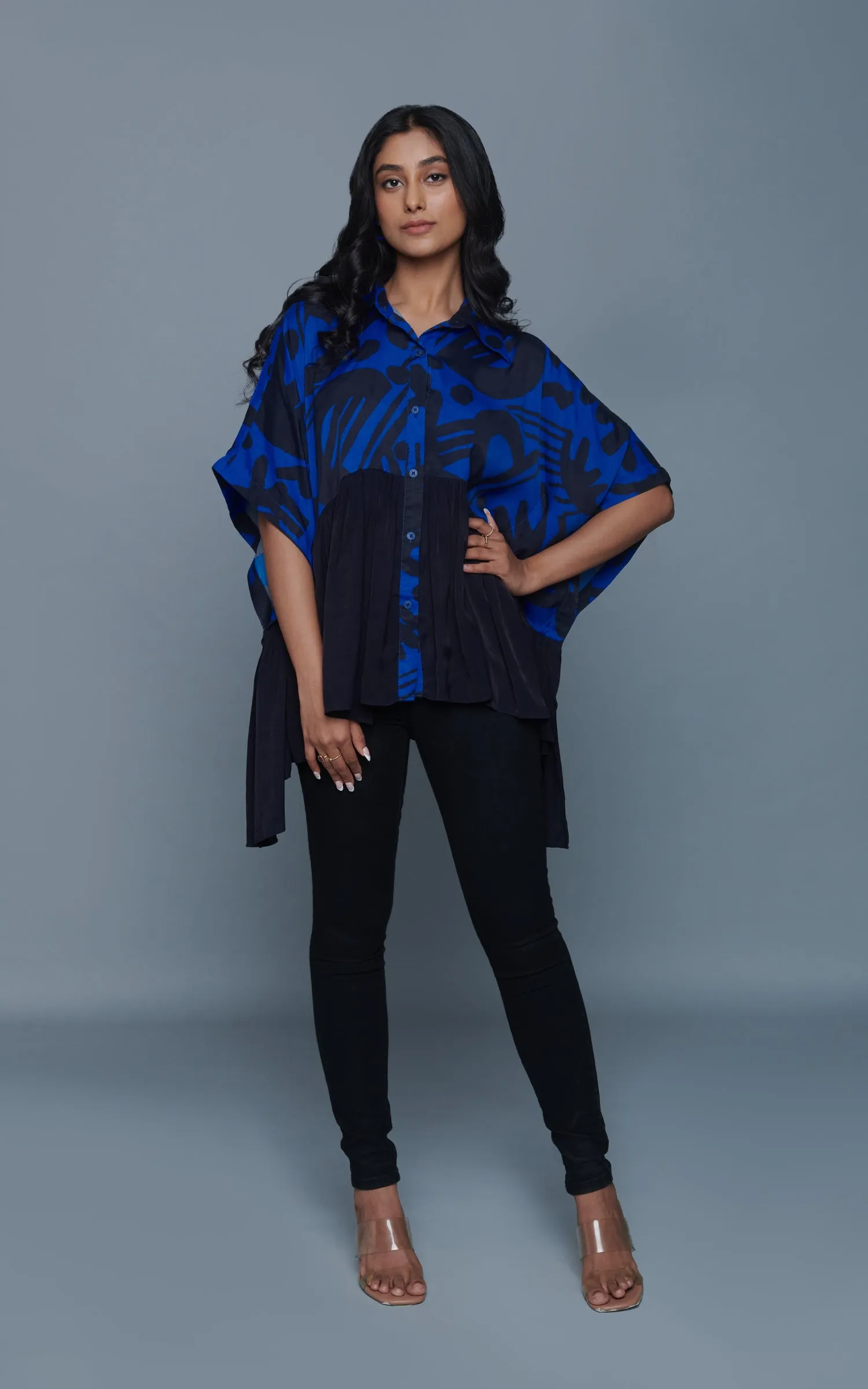 Abstract Printed Asymmetric Gathered Shirt