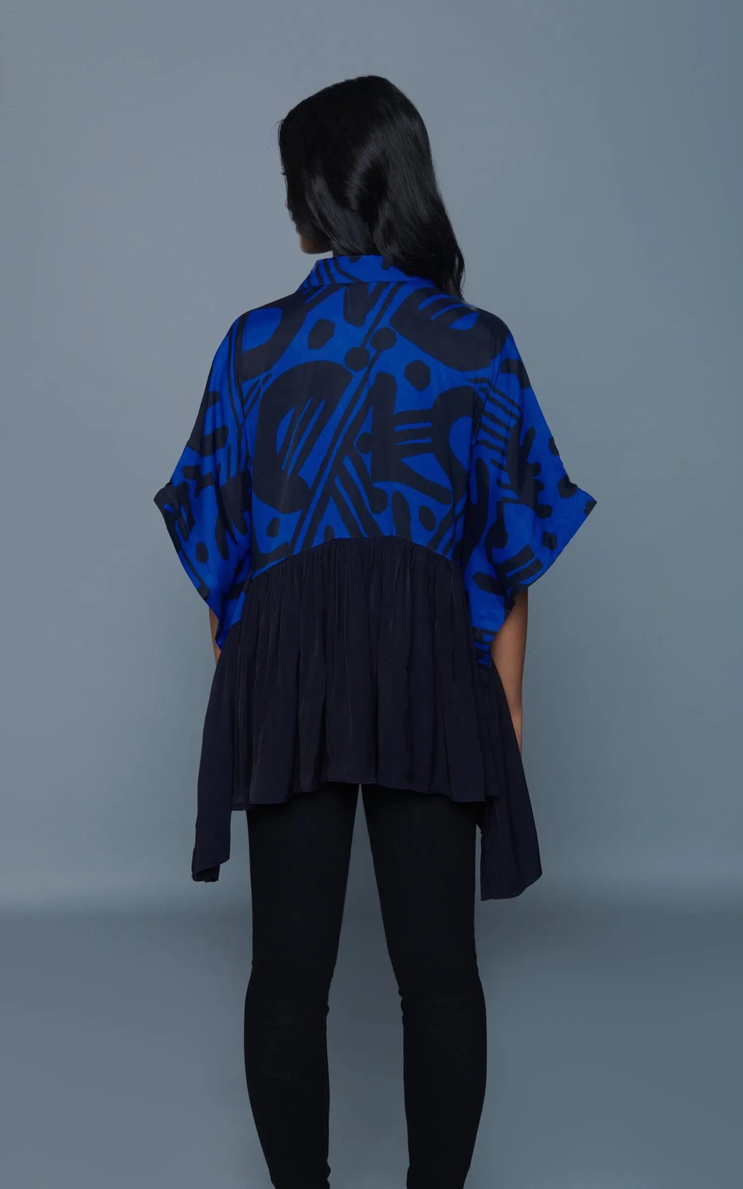 Abstract Printed Asymmetric Gathered Shirt