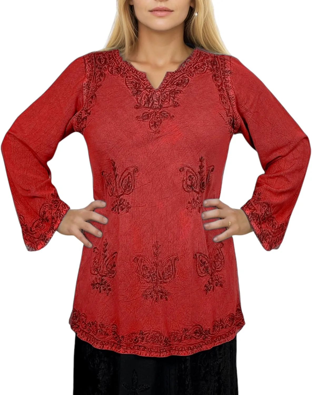 Agan Traders 2025 Summer Long Sleeve Diamond Neck Fall Embroidered Tops - Medieval Boho Vintage Tunic Kurta Blouses for Women