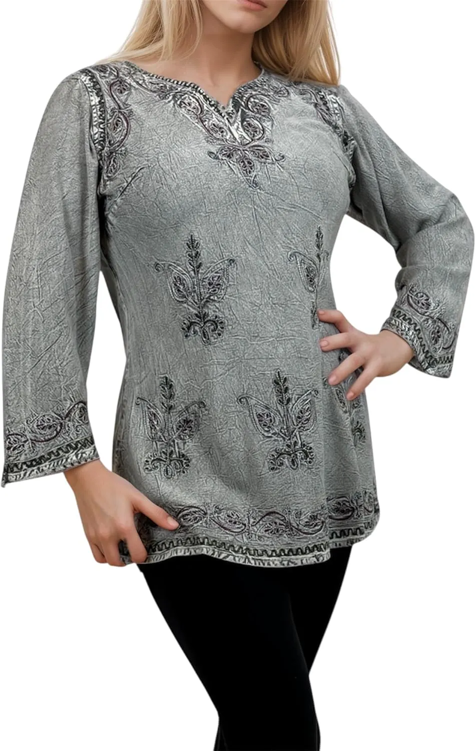 Agan Traders 2025 Summer Long Sleeve Diamond Neck Fall Embroidered Tops - Medieval Boho Vintage Tunic Kurta Blouses for Women