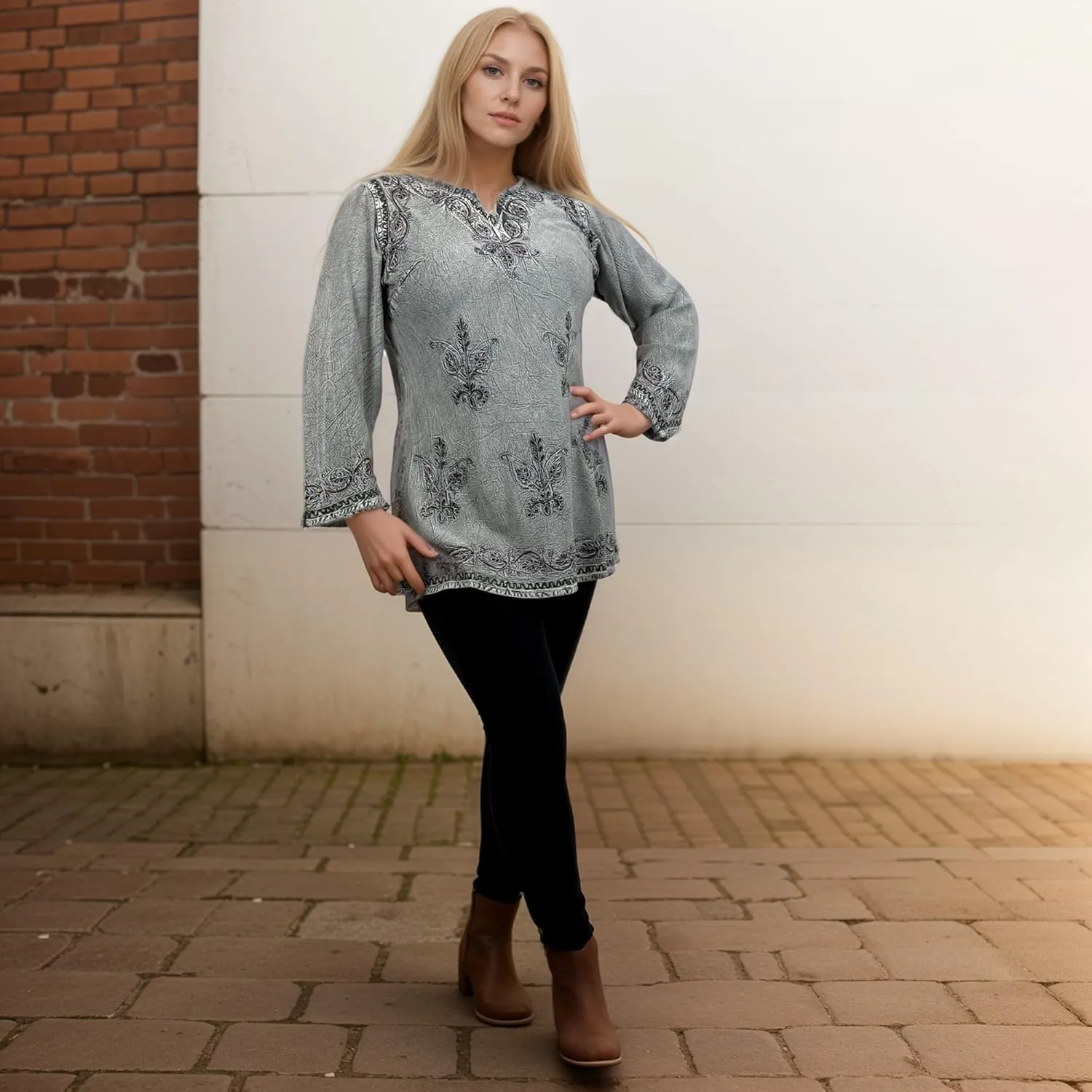Agan Traders 2025 Summer Long Sleeve Diamond Neck Fall Embroidered Tops - Medieval Boho Vintage Tunic Kurta Blouses for Women