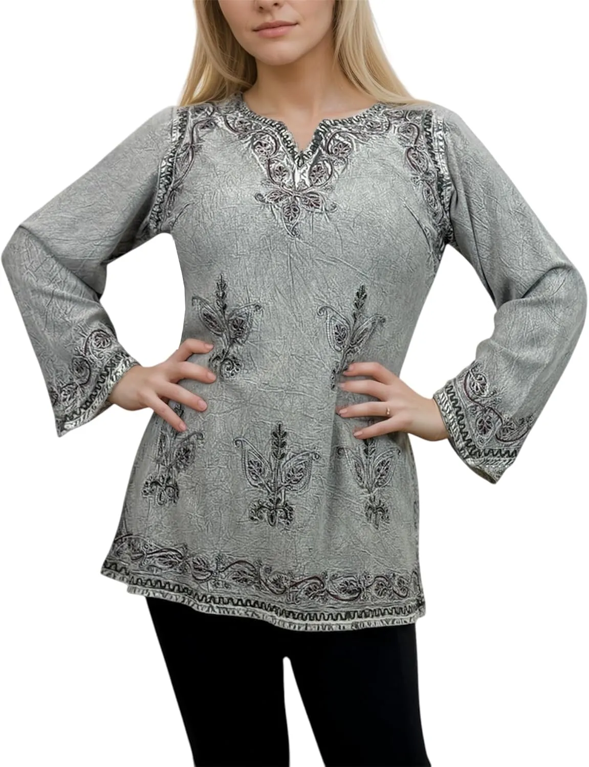 Agan Traders 2025 Summer Long Sleeve Diamond Neck Fall Embroidered Tops - Medieval Boho Vintage Tunic Kurta Blouses for Women