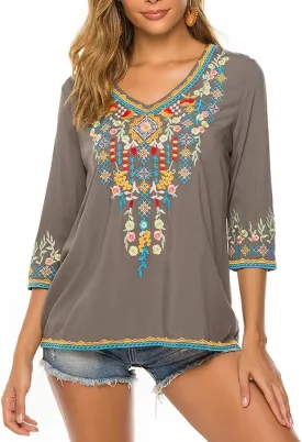 AK Women's Embroidered Tops 3/4 Sleeve Traditional Mexican Shirts for Women V Neck Peasant Tunic Blouses