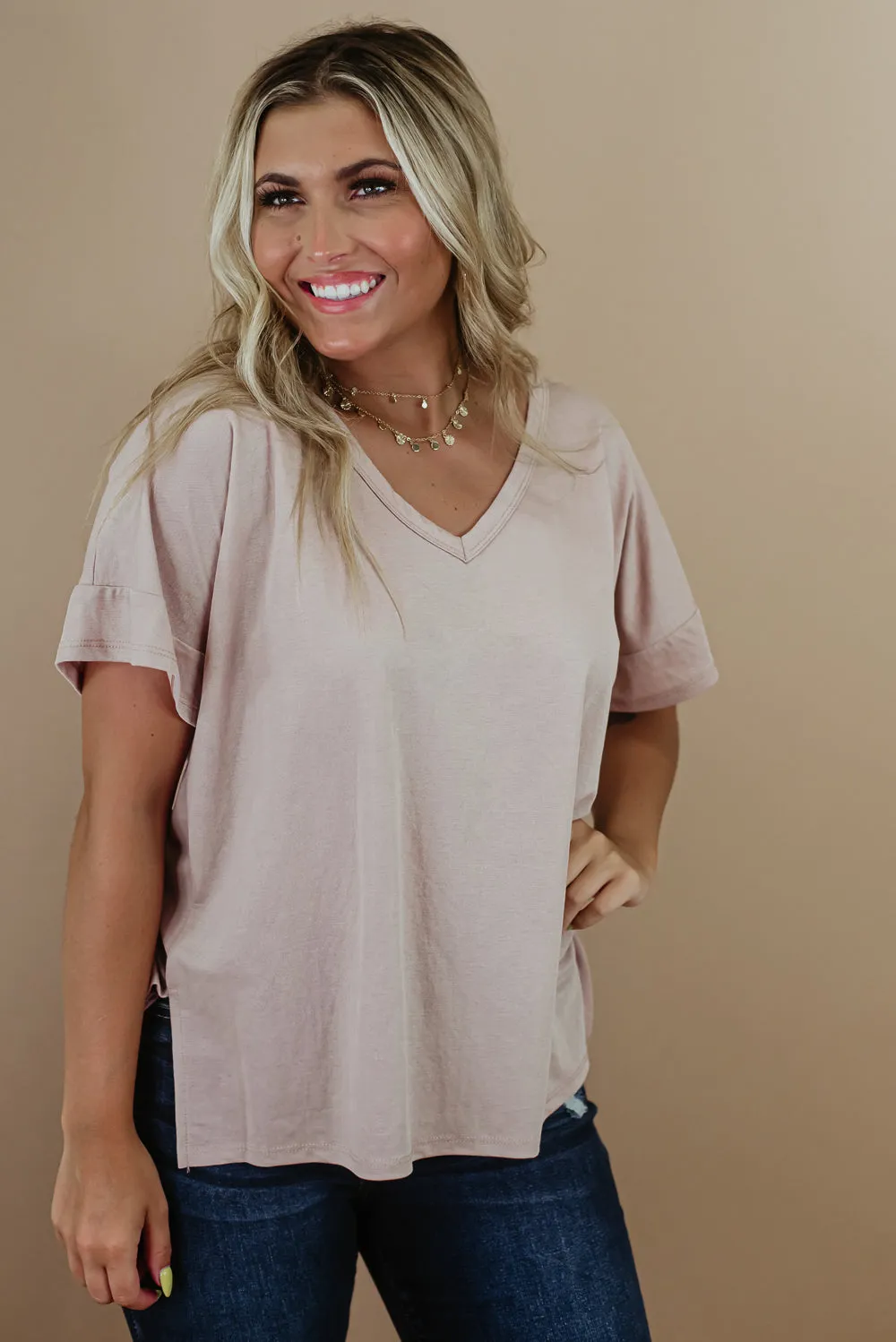 All Basic V Neck Tee, Stone