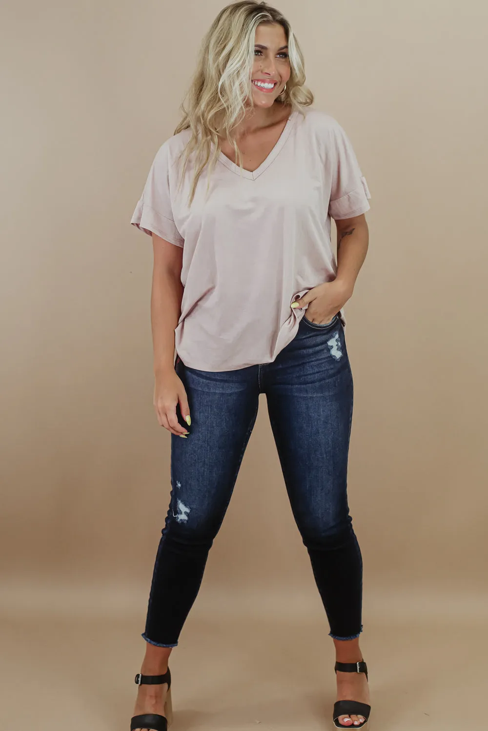 All Basic V Neck Tee, Stone