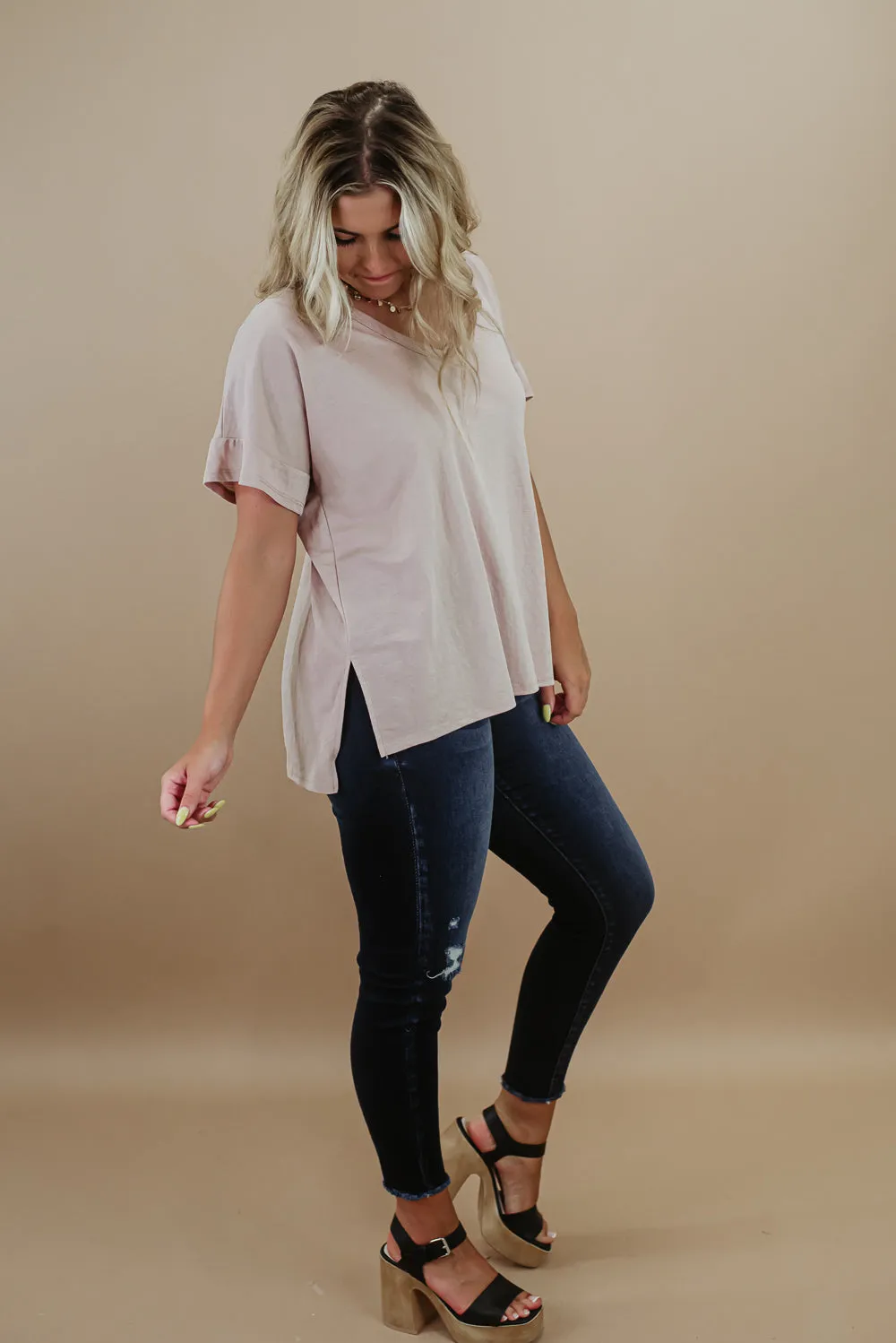 All Basic V Neck Tee, Stone