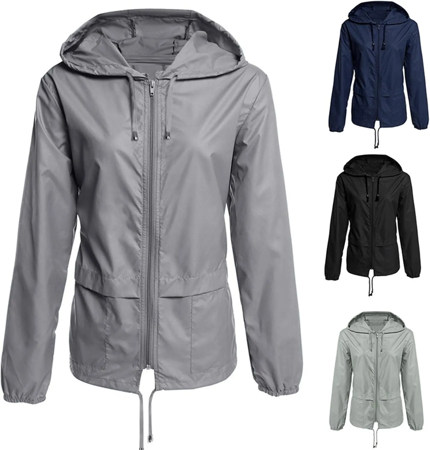Andongnywell Zip Hoodie Women Lightweight Outdoor Drawstring Waterproof Raincoat Zipper Hooded Jacket