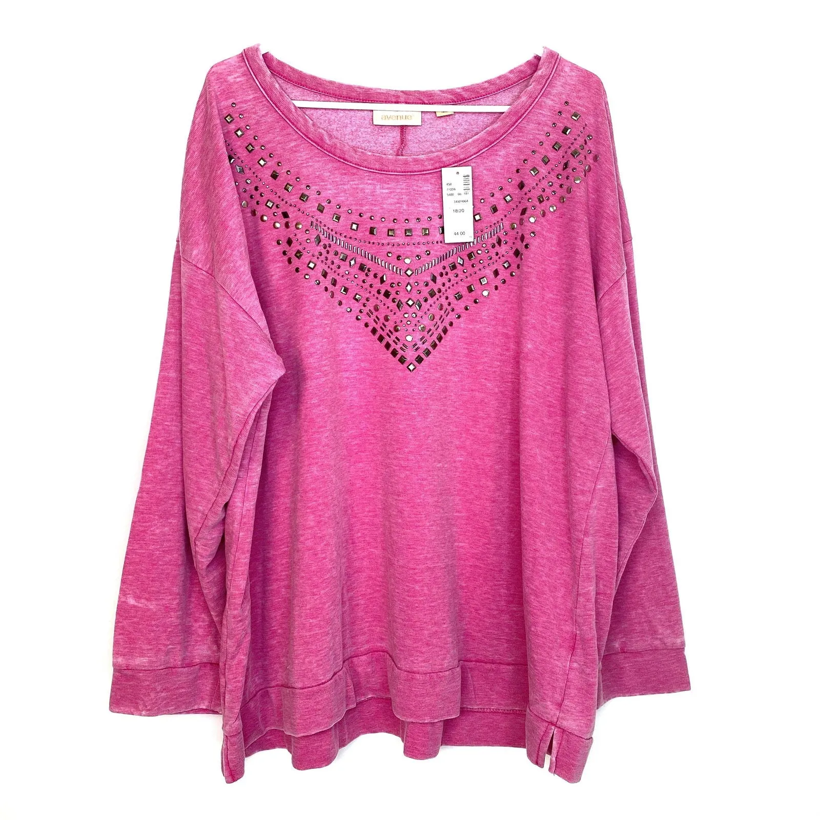 AVENUE Womens Heather Pink Scoop Neck Embellished Sweatshirt Size 18 / 20