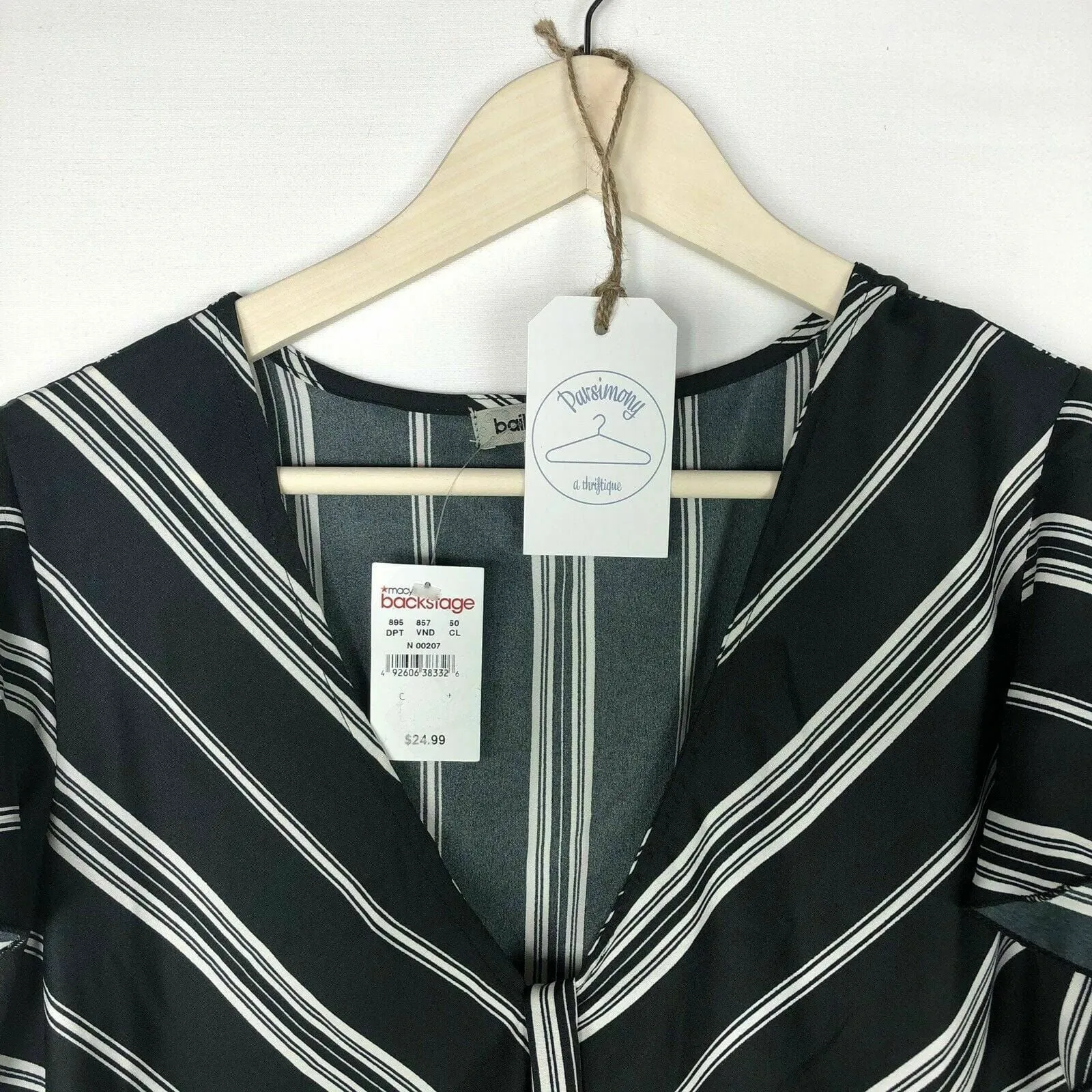 Bailey Blue Dress - Womens Tie-Front Ruffle | Size L | Black White Striped | NWT