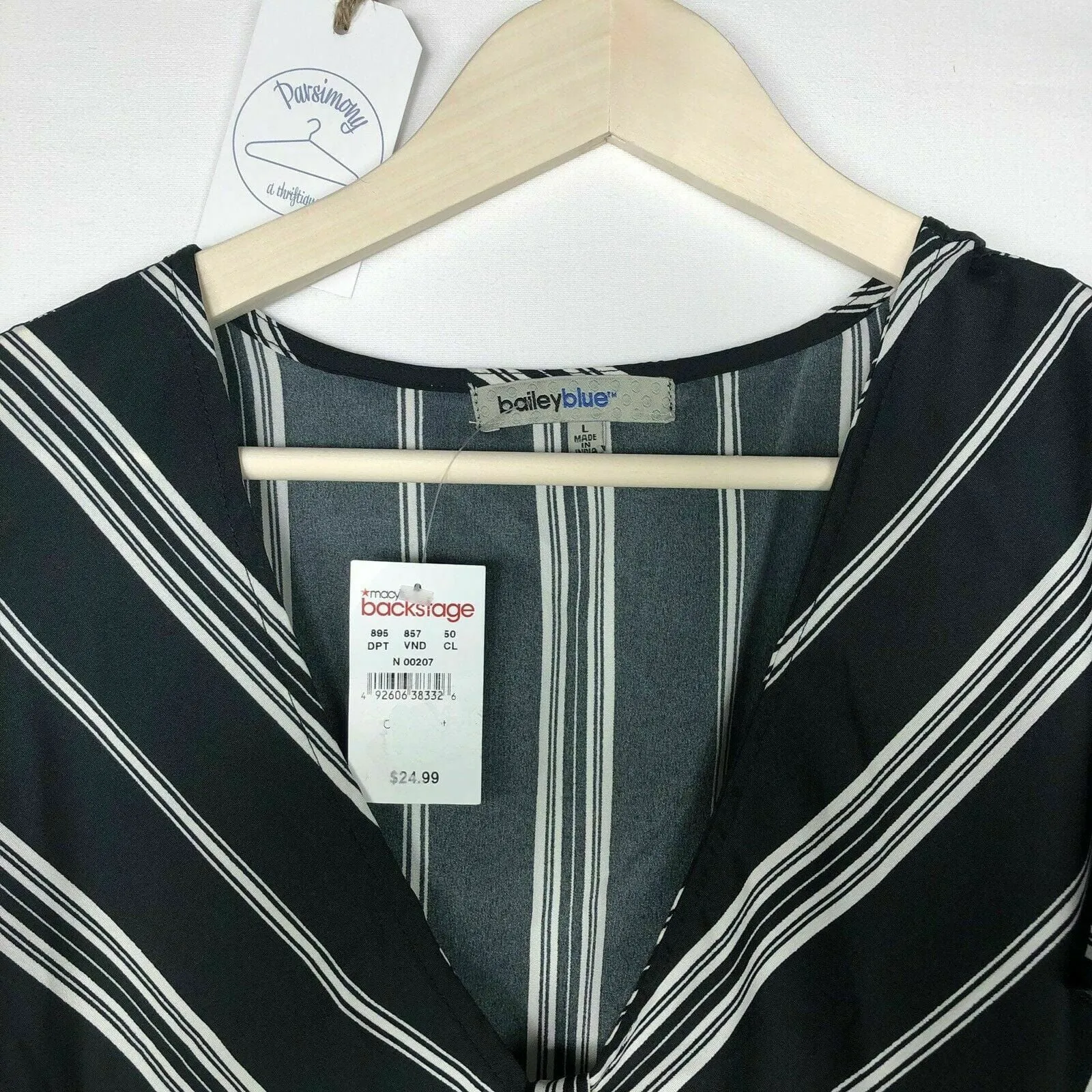 Bailey Blue Dress - Womens Tie-Front Ruffle | Size L | Black White Striped | NWT