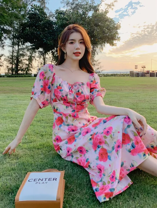 Bandage Floral Long Sleeve Maxi Dress