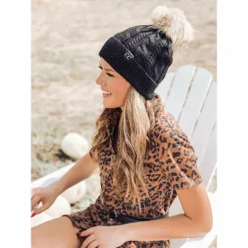 Black Label Ribbed Cuff Fur Pom CC Beanie (Multiple Colors)