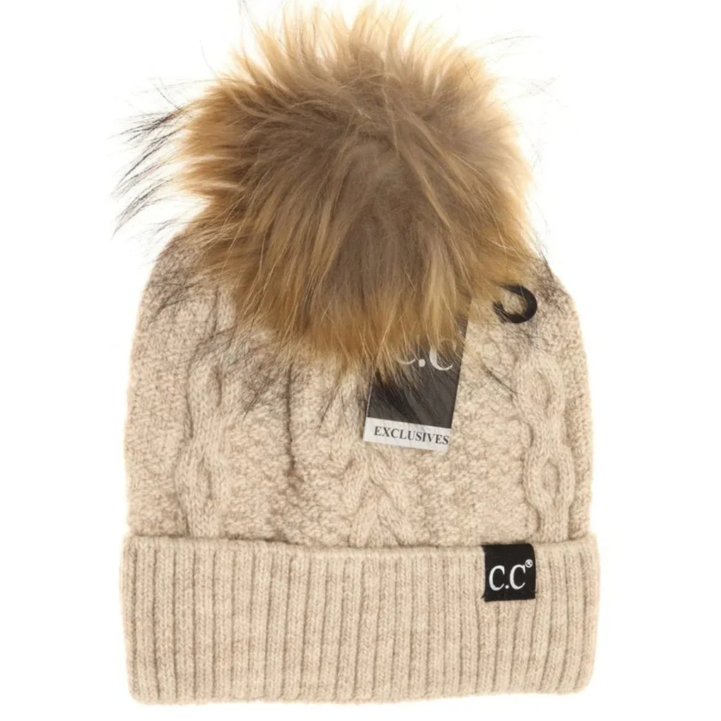 Black Label Ribbed Cuff Fur Pom CC Beanie (Multiple Colors)
