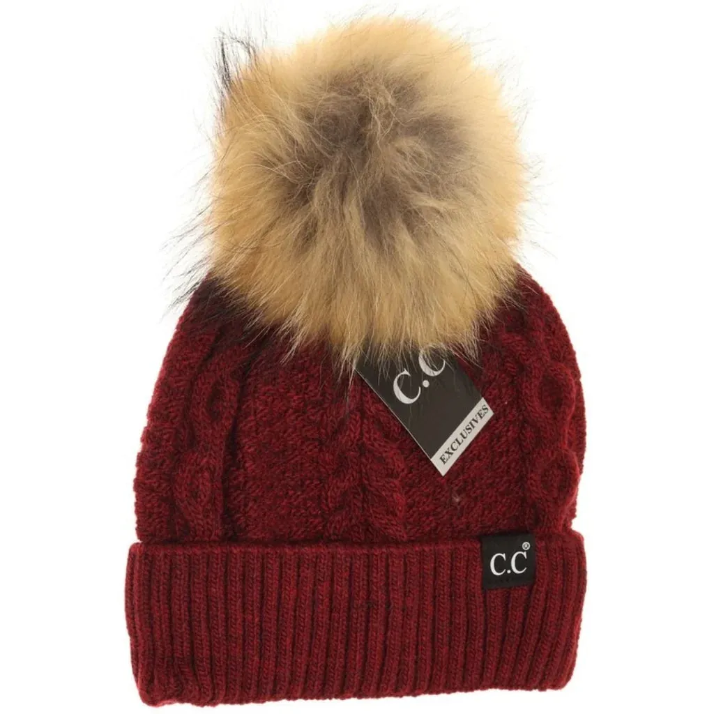 Black Label Ribbed Cuff Fur Pom CC Beanie (Multiple Colors)