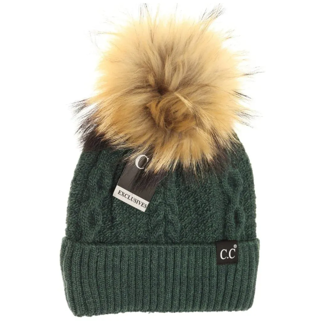 Black Label Ribbed Cuff Fur Pom CC Beanie (Multiple Colors)