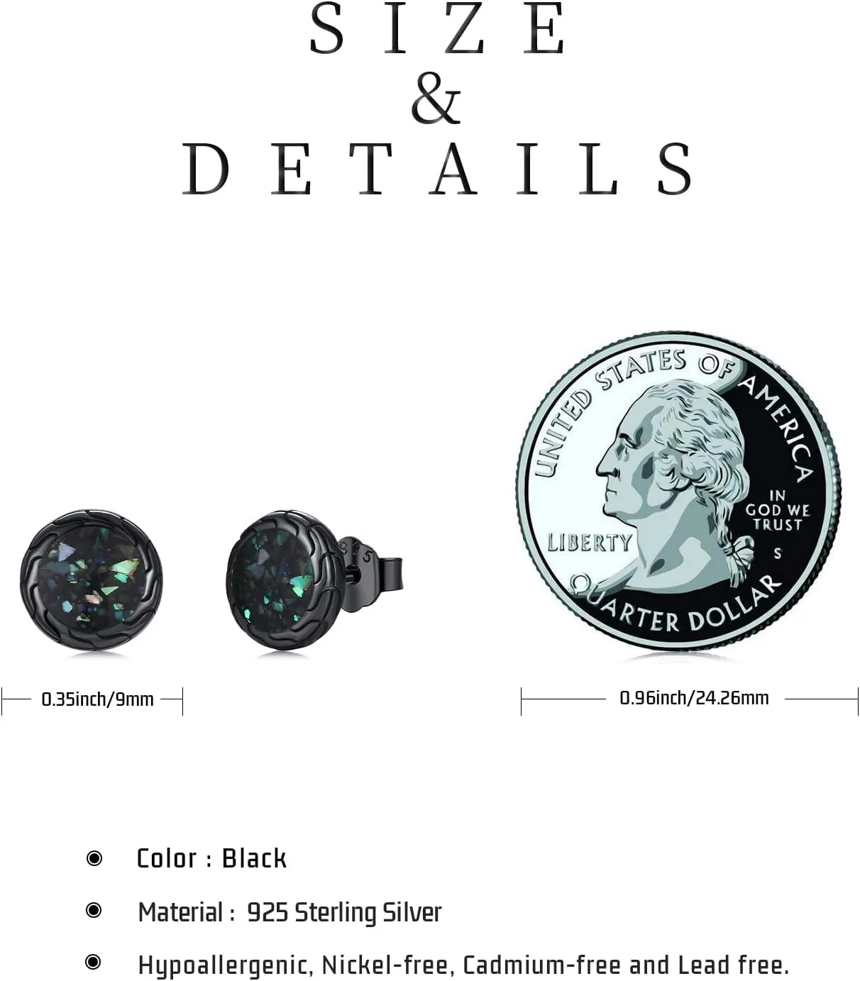 Black Stud Earrings 925 Sterling Silver Black Round Earrings Hypoallergenic Punk Gothic Jewelry Gifts Birthdays Christmas for Women Men