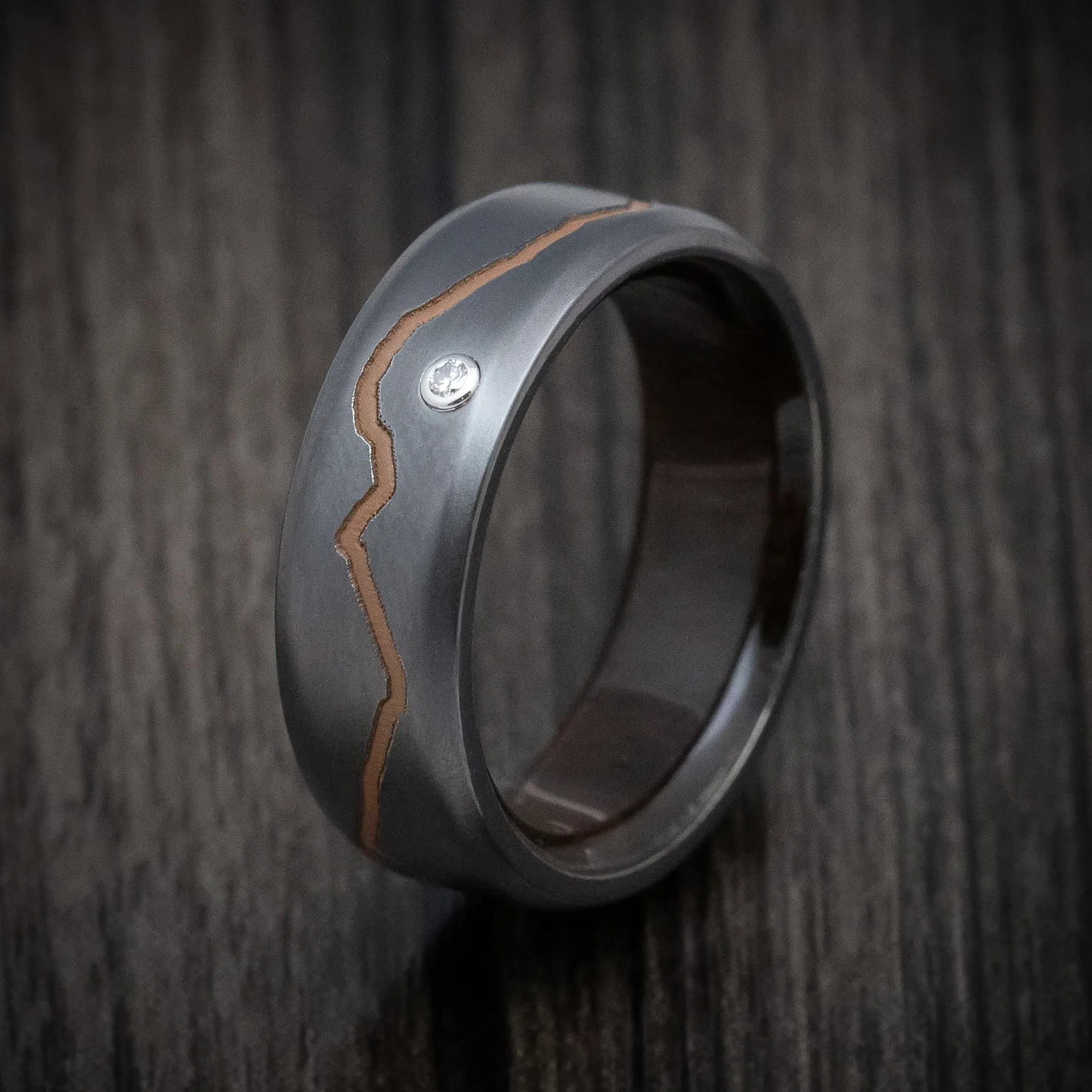 Black Titanium Diamond Men's Ring With Custom Mountain Milling And Hardwood Interior Sleeve Custom Made