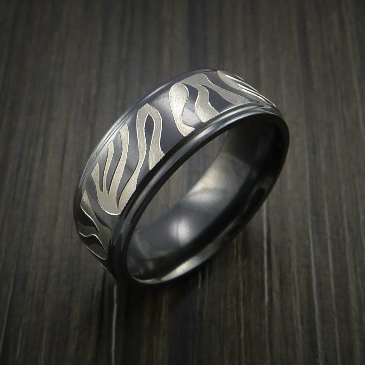 Black Titanium Men's Ring Textured Mokume Carved Pattern Band