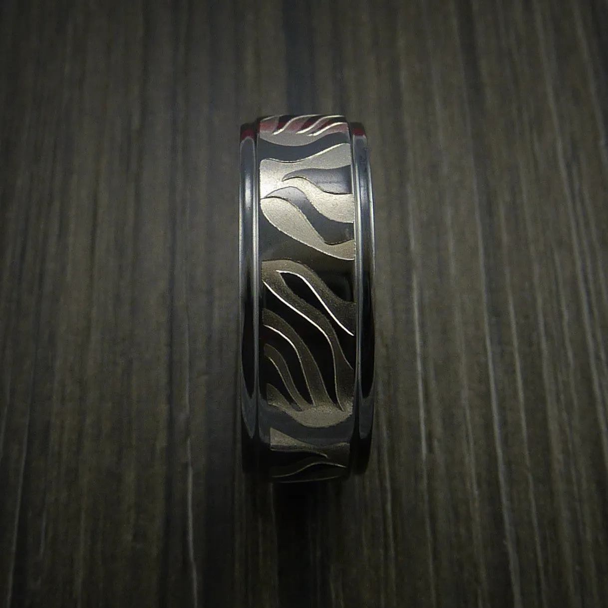 Black Titanium Men's Ring Textured Mokume Carved Pattern Band