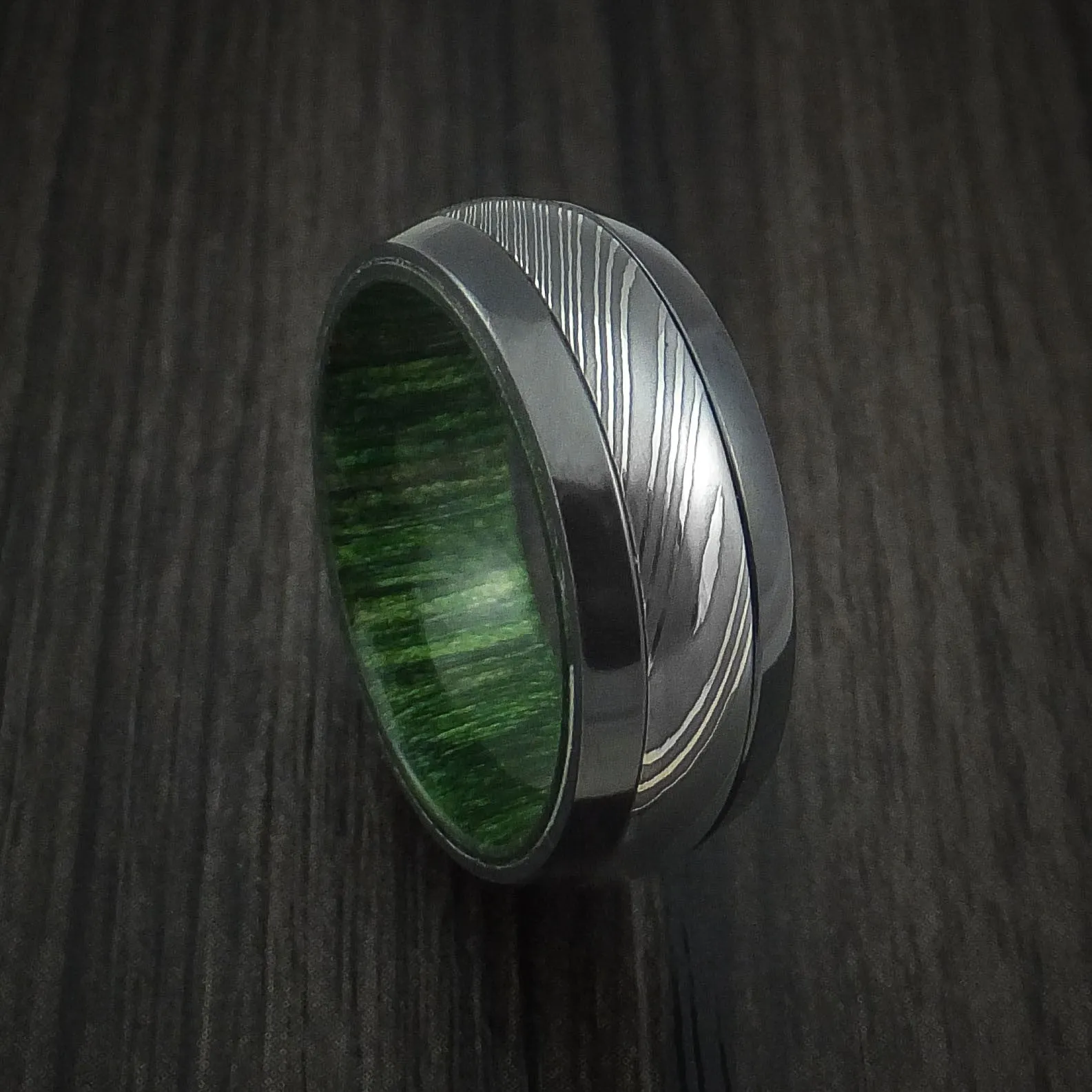 Black Zirconium and Damascus Steel Men's Ring with Jade Wood Hardwood Interior Sleeve Custom Made