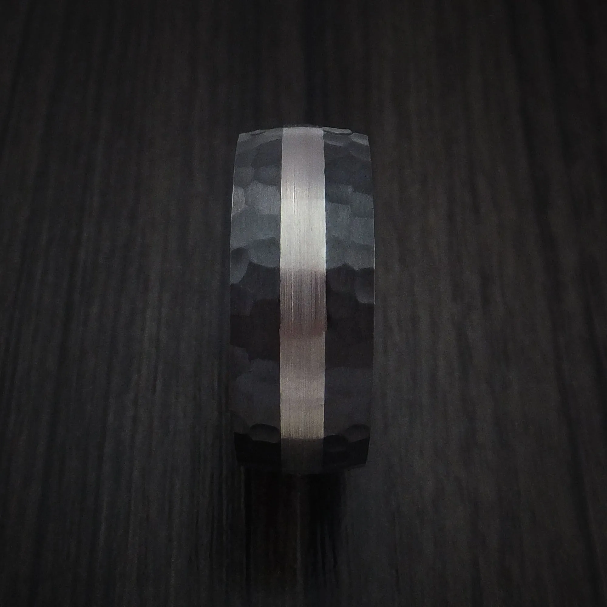 Black Zirconium Hammered Men's Ring with 14K White Gold Sleeve and Platinum Inlay Custom Made Wedding Band