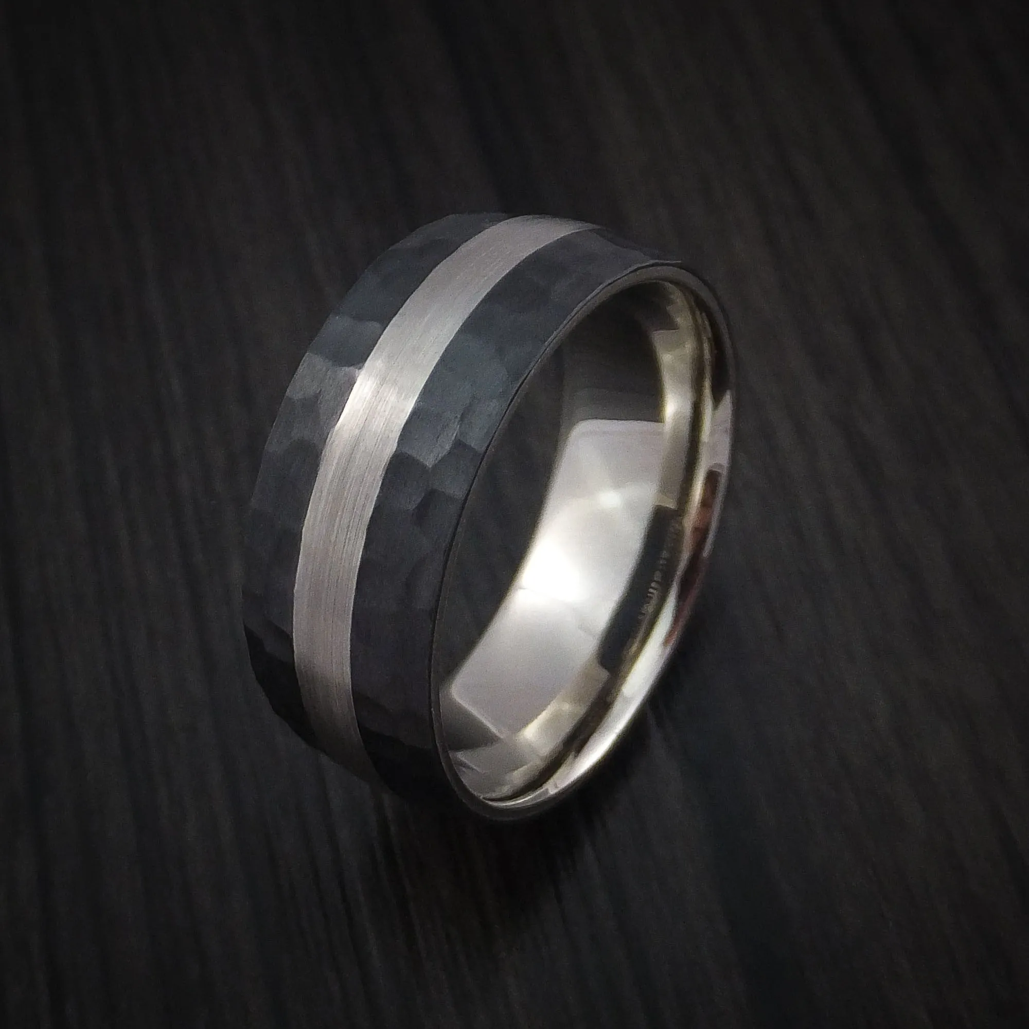 Black Zirconium Hammered Men's Ring with 14K White Gold Sleeve and Platinum Inlay Custom Made Wedding Band