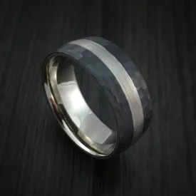 Black Zirconium Hammered Men's Ring with 14K White Gold Sleeve and Platinum Inlay Custom Made Wedding Band