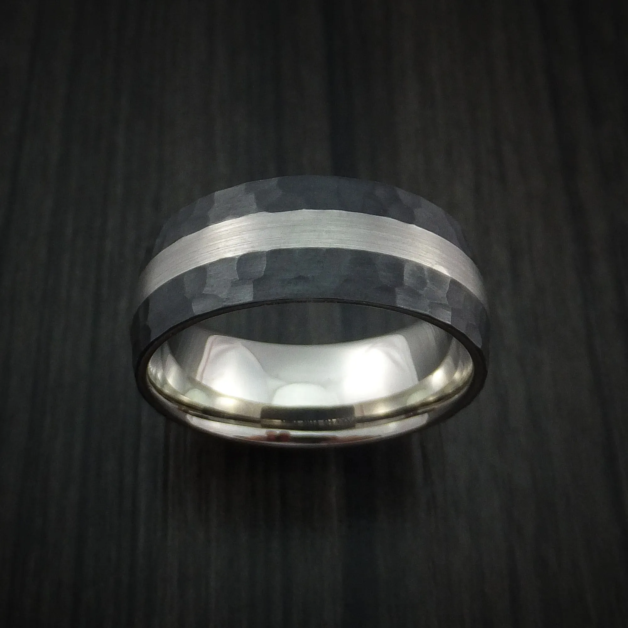 Black Zirconium Hammered Men's Ring with 14K White Gold Sleeve and Platinum Inlay Custom Made Wedding Band