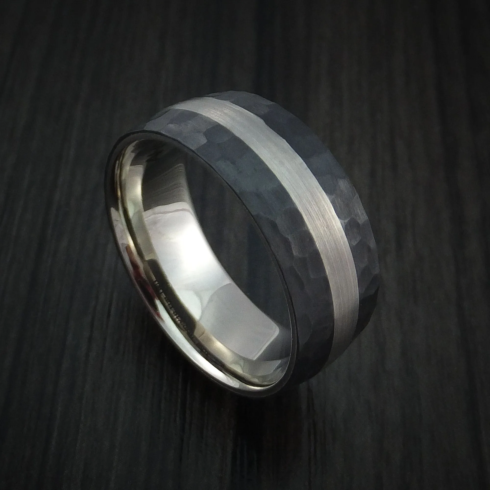 Black Zirconium Hammered Men's Ring with 14K White Gold Sleeve and Platinum Inlay Custom Made Wedding Band