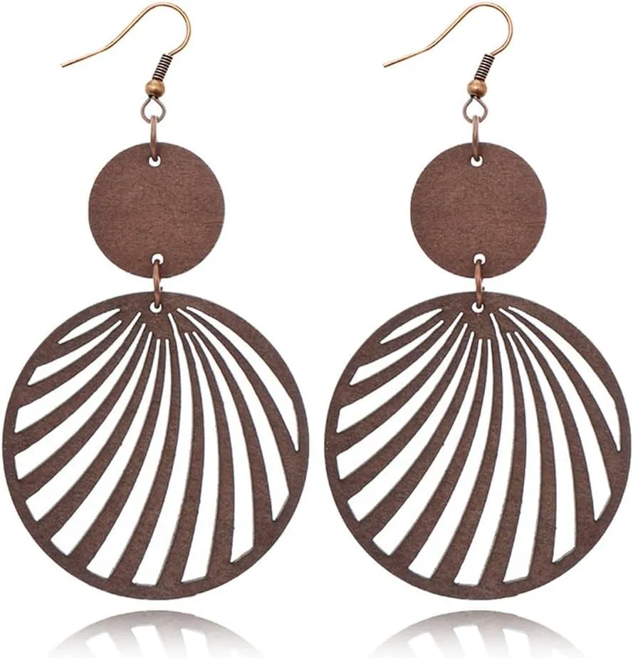 Boho Lightweight Wooden Hoop Hollow Earrings for Women Retro Natural Wood Teardrop Geometric Dangle Drop Earrings