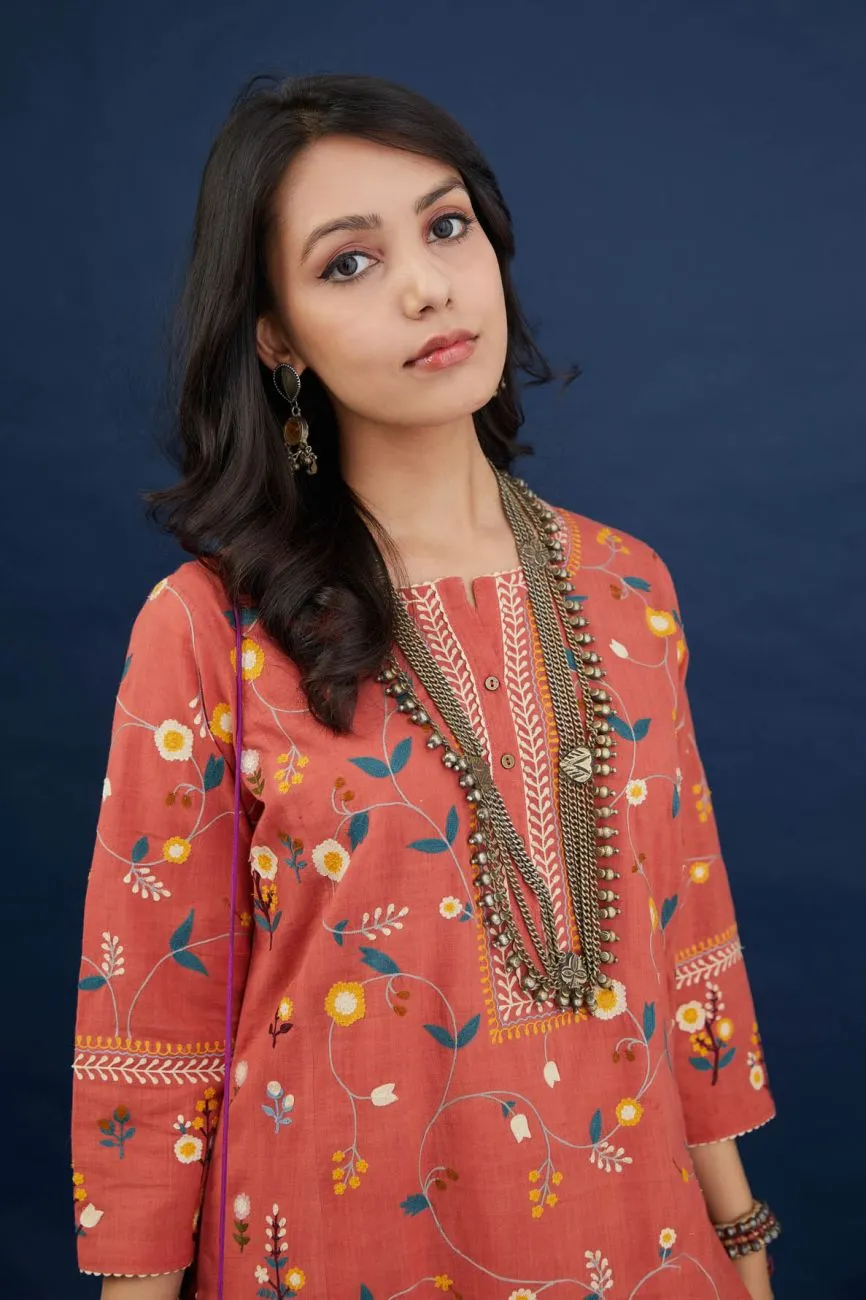 Brick Red Cotton Kurta Set