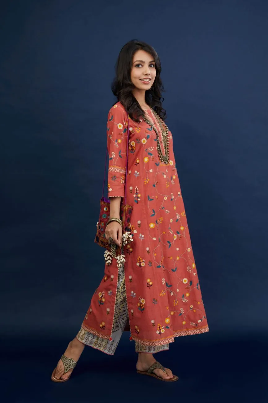Brick Red Cotton Kurta Set