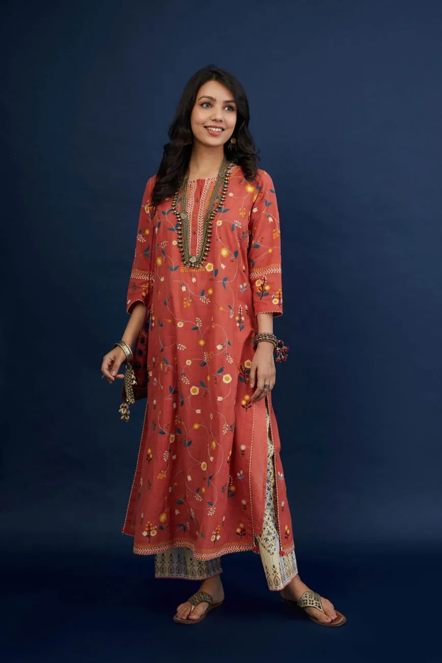 Brick Red Cotton Kurta Set